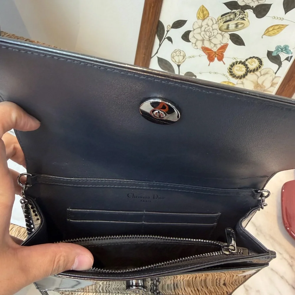 Christian Dior Metallic Patent Micro-Cannage Diorama Wallet on Chain crossbody - Picture 8 of 9